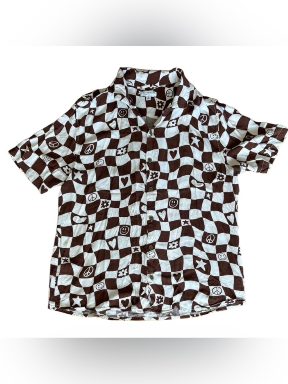 Earthbound Brown Checkered Symbol Print Oversized Button Down Shirt Sz M